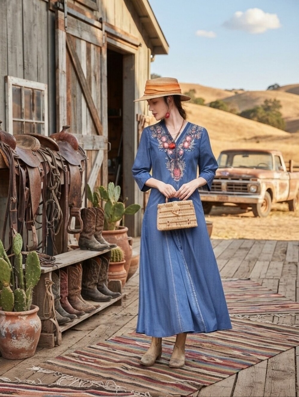 Floral Embroidered Denim Maxi Dress